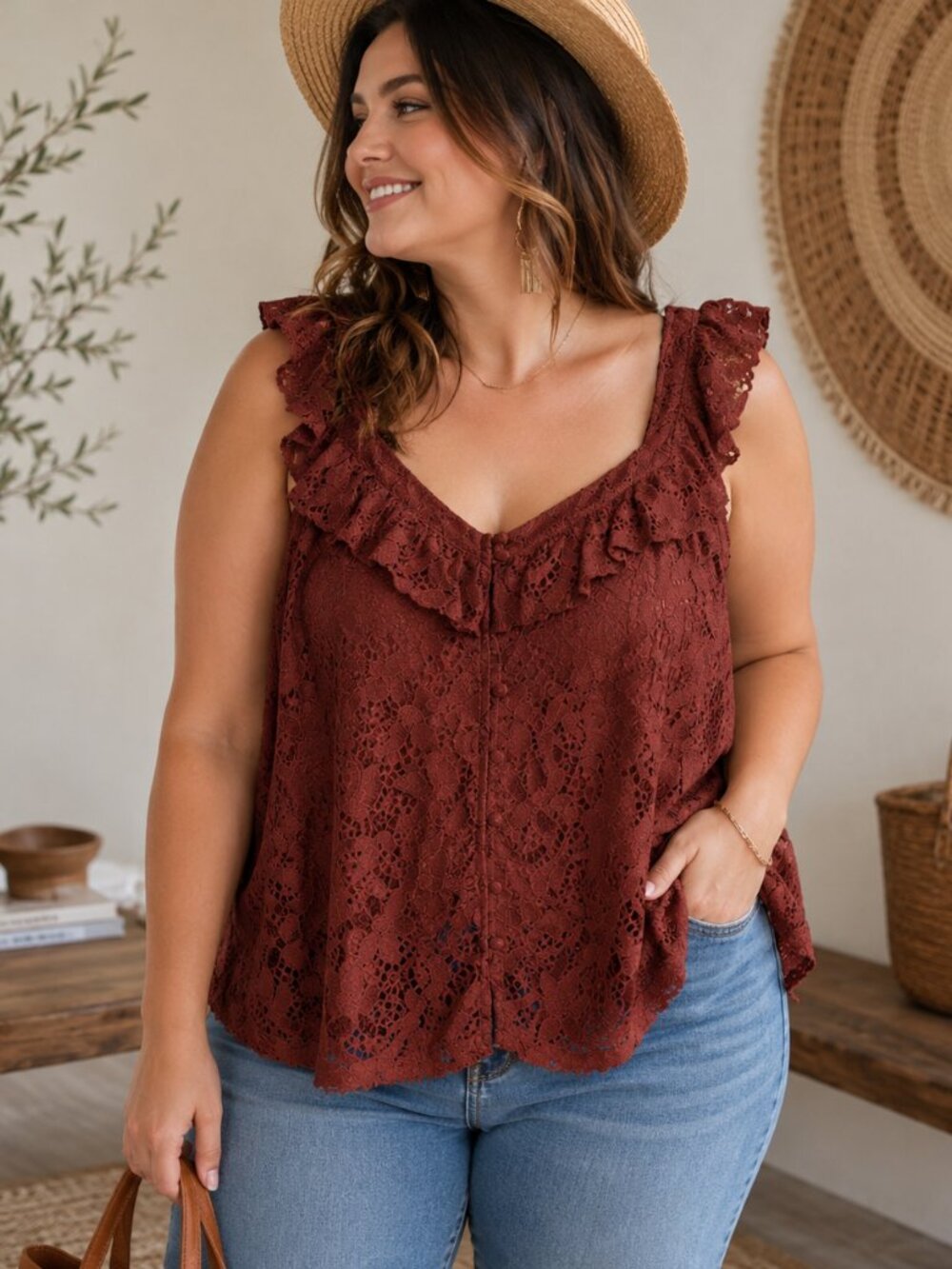 Torrid Brick Red Lace  Cotton Ruffle Short Sleeve Crop Top Sz 2/2X